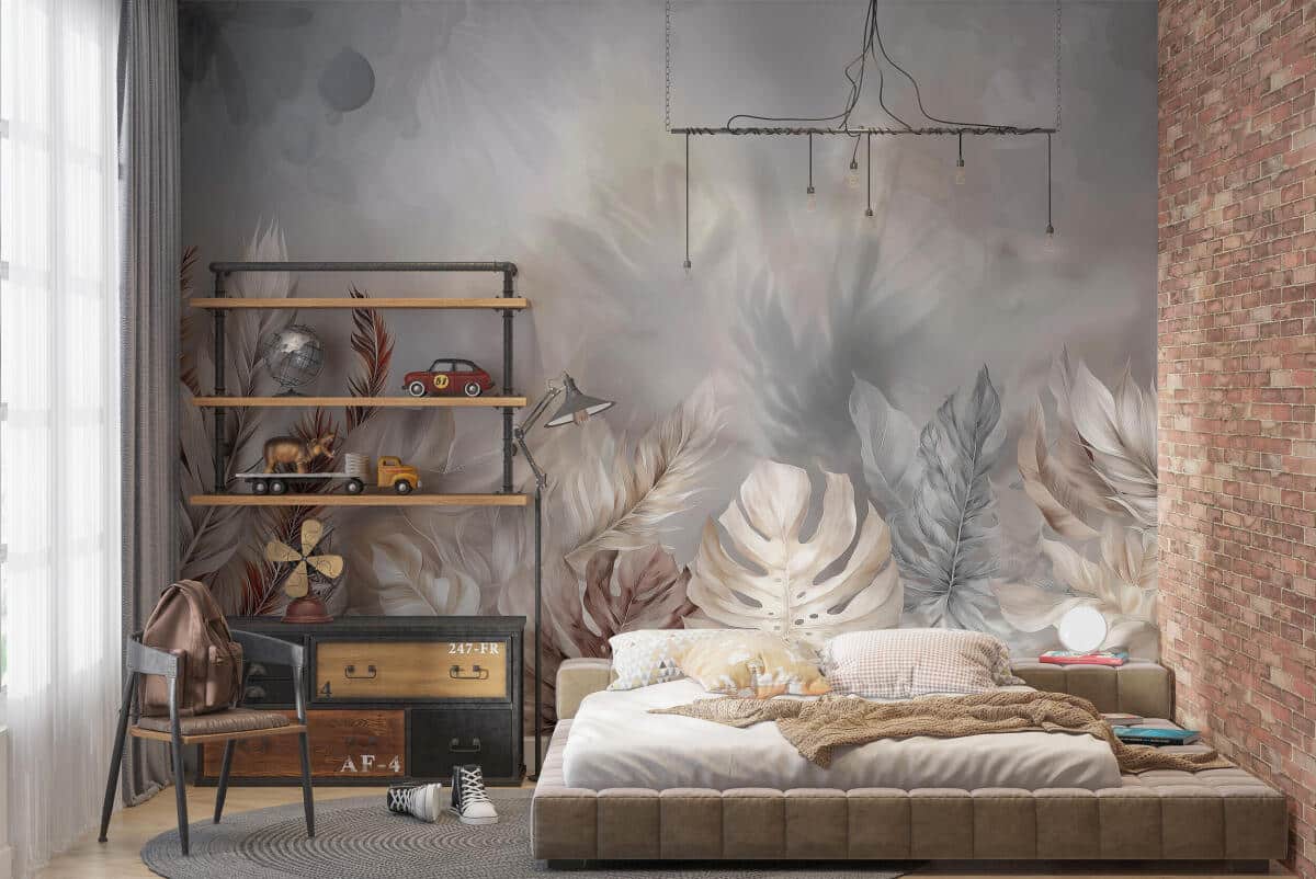 Fototapeta Tropikalne Liście Boho w beżach i szarościach | Subtelna Tapeta do sypialni 82245 - zdjęcie 3