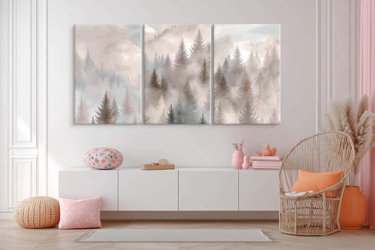 Tryptyk na Płótnie – Mglisty Las | Nowoczesny Obraz na ścianę do Salonu Boho i Nordic 82260 - zdjęcie 4