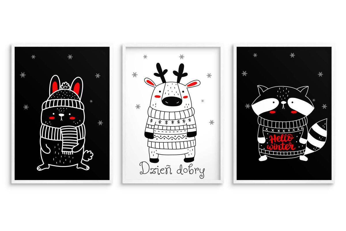 Zestaw Czarno-Białych Plakatów dla Niemowląt – Króliczek, Renifer i Szop | Kontrastowe Obrazki Montessori 82159 - zdjęcie 6