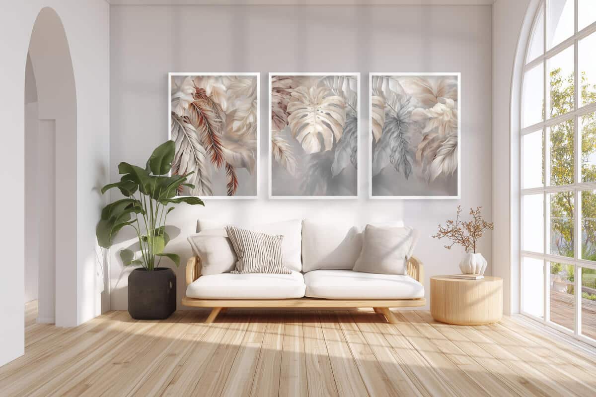 Eleganckie Plakaty Boho z Liśćmi | Tryptyk Botaniczny do Salonu i Sypialni w Odcieniach Beżu i Szarości 82258 - zdjęcie 2