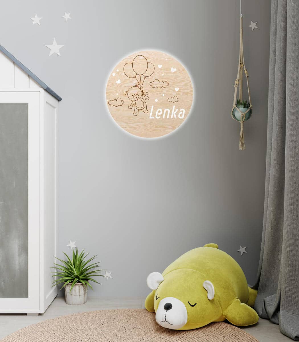 Drewniana Lampka do pokoju dziecięcego | Okrągła Lampka Nocna z imieniem dziecka- Miś i baloniki 82278 - zdjęcie 3