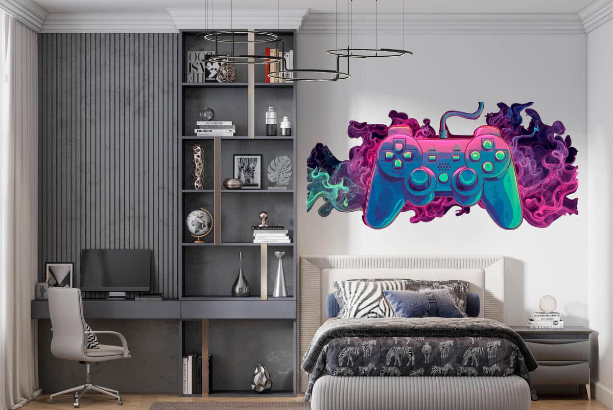 Gamingowa Naklejka na ścianę – Kontroler do gier w neonowym dymie | Pokój gracza, nastolatka T82175 - zdjęcie 2
