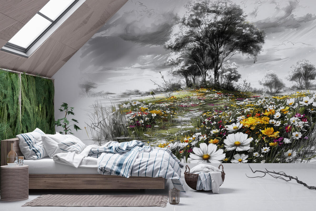Czarno- biała Fototapeta z kolorowym akcentem- Łąka kwietna | Polne Kwiaty i drzewa- rustykalna dekoracja do salonu, sypialni 82212 - zdjęcie 3