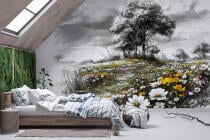 Czarno- biała Fototapeta z kolorowym akcentem- Łąka kwietna | Polne Kwiaty i drzewa- rustykalna dekoracja do salonu, sypialni 82212 - miniaturka 3