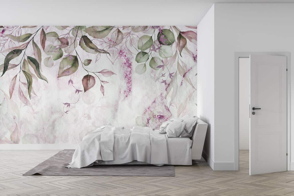 Fototapeta w odcieniach zieleni i różu- Wiszące kwiaty i liście | Romantyczna dekoracja do sypialni 82250 - zdjęcie 2