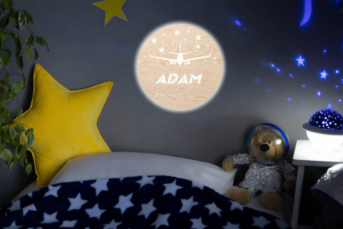 Drewniana Lampka Nocna z samolotem i gwiazdkami | Okrągła Lampka LED z imieniem dziecka 82267 - zdjęcie 3