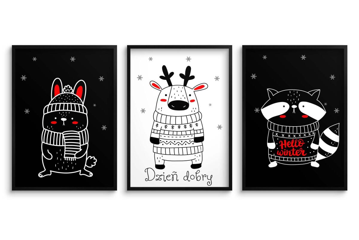 Zestaw Czarno-Białych Plakatów dla Niemowląt – Króliczek, Renifer i Szop | Kontrastowe Obrazki Montessori 82159 - zdjęcie 7