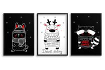 Zestaw Czarno-Białych Plakatów dla Niemowląt – Króliczek, Renifer i Szop | Kontrastowe Obrazki Montessori 82159 - miniaturka 7