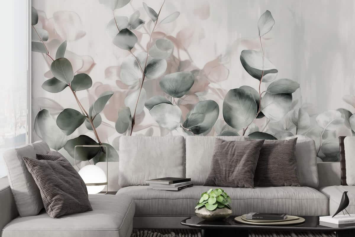 Fototapeta roślinna w odcieniach szarości i zieleni- liście eukaliptusa | Tapeta botaniczna do salonu 82110 - zdjęcie 2