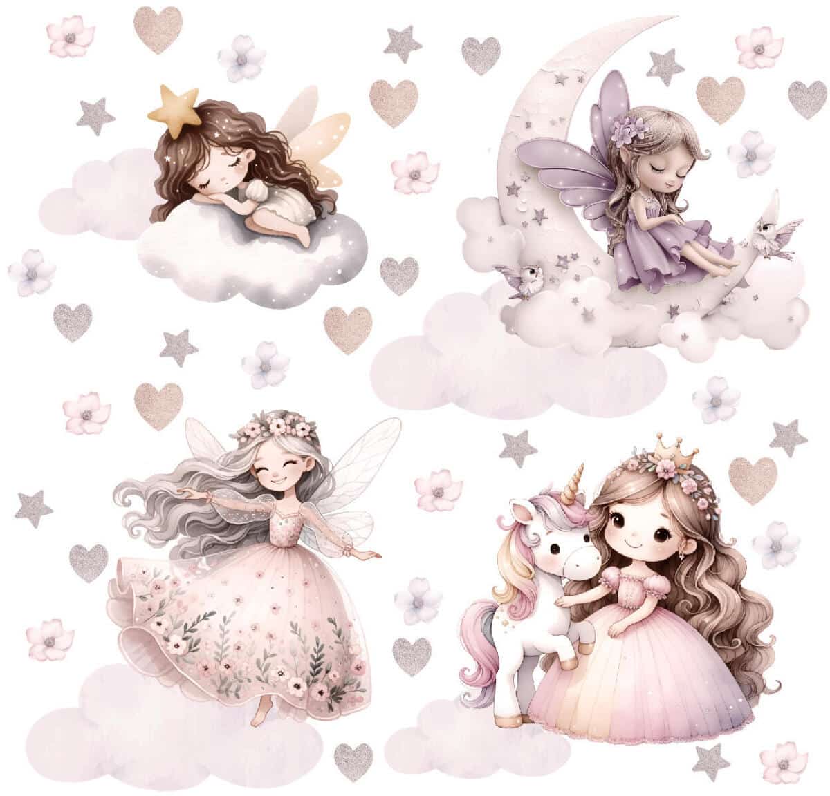 Pastelowe Naklejki dla Dzieci – Wróżki, Księżyc i Gwiazdki | Różowe Naklejki na ścianę do pokoju dziewczynki T42172 - zdjęcie 4