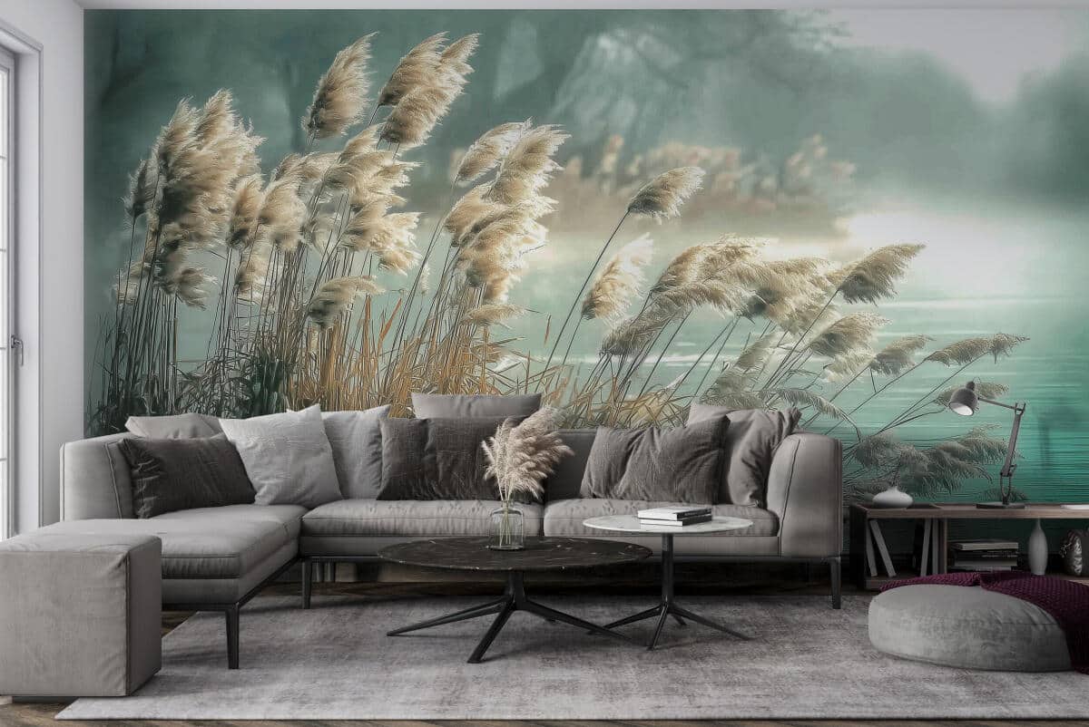 Relaksująca Fototapeta z Krajobrazem Jeziora- Trawy i Trzciny nad Wodą | Tapeta do salonu w stylu boho 82111