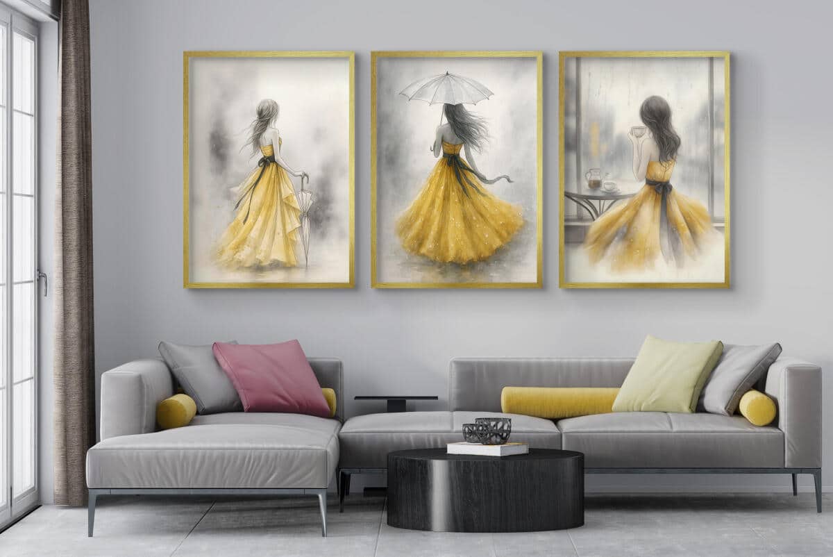 Subtelne Plakaty z kobietą w złotej sukni | Elegancki Tryptyk Akwarela | Obrazy na ścianę do salonu, sypialni 94025 - zdjęcie 3