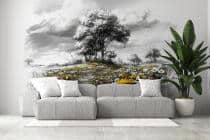 Czarno- biała Fototapeta z kolorowym akcentem- Łąka kwietna | Polne Kwiaty i drzewa- rustykalna dekoracja do salonu, sypialni 82212 - miniaturka 1