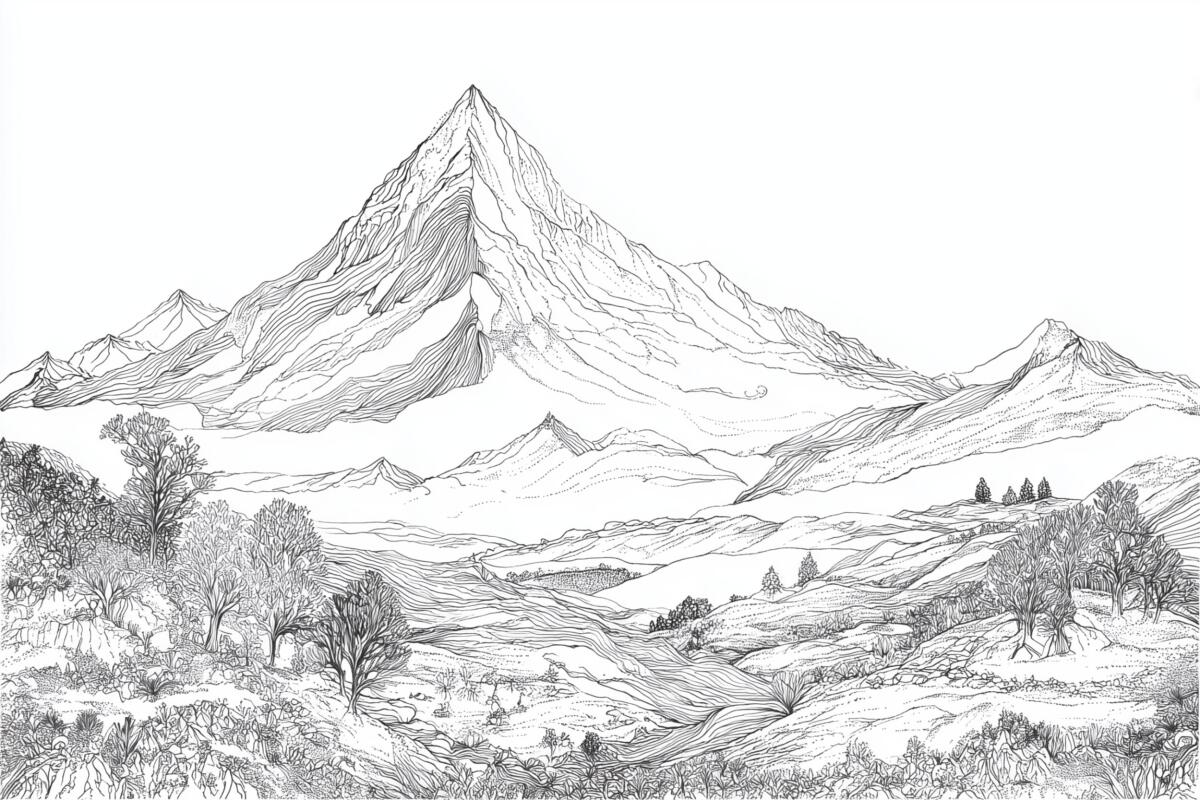 Artystyczna Fototapeta- Szkic górskiego pejzażu | Czarno-biały krajobraz | Grafika Liniowa do biura i salonu 82207 - zdjęcie 4