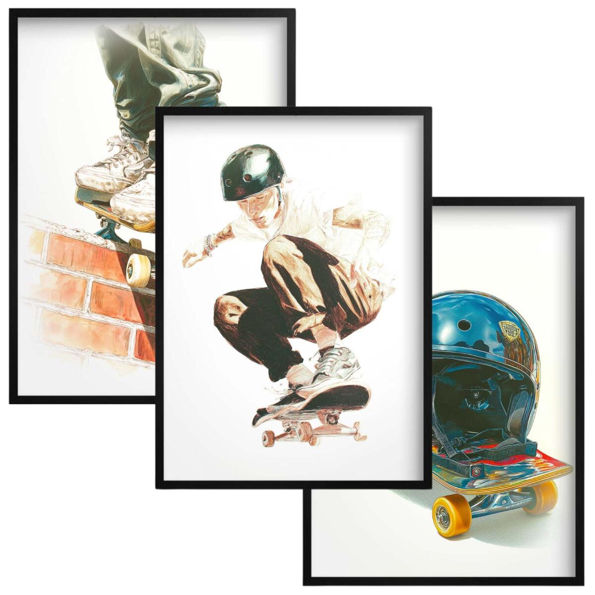 Młodzieżowe Plakaty Street Style- skateboarding | Akwarelowy Tryptyk na ścianę z motywem deskorolki 82198