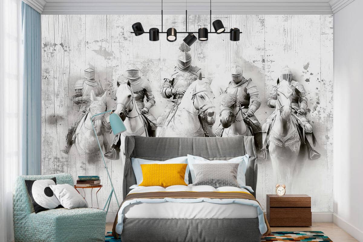 Czarno-biała Fototapeta dla gracza- Rycerze w zbrojach | Młodzieżowa Tapeta na ścianę szkic, motyw fantasy 82312 - zdjęcie 1