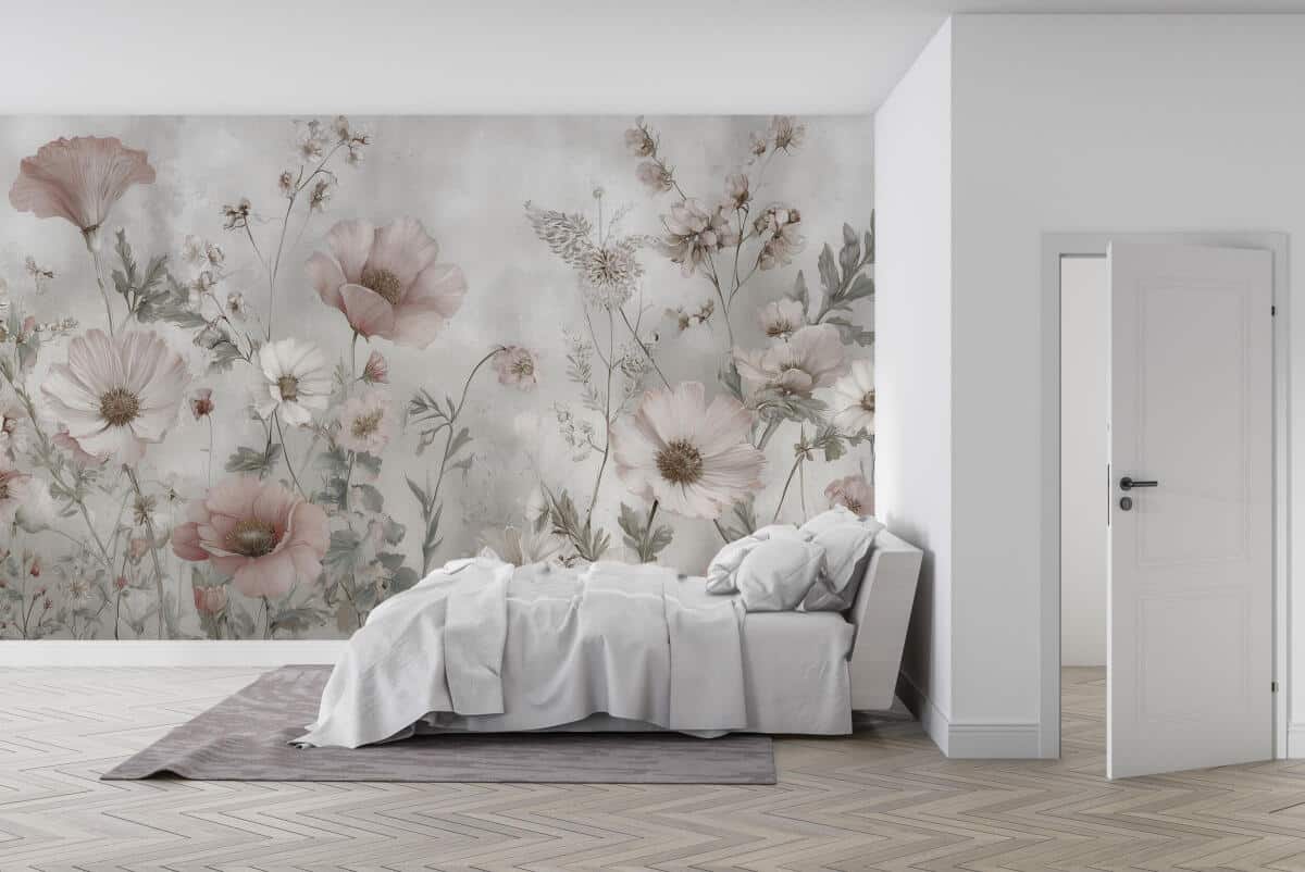 Subtelna Fototapeta- Pastelowa Łąka, Kwiaty | Beżowa Tapeta do sypialni w stylu boho, shabby chic 82314 - zdjęcie 1