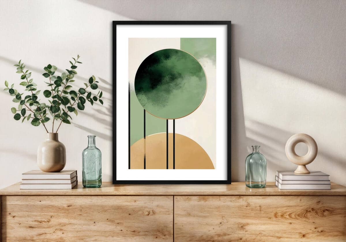 Minimalistyczny Plakat Abstrakcyjny – Zielone i Złote Kształty | Geometryczne Obrazy na ścianę w stylu boho, nordic 82307 - zdjęcie 3