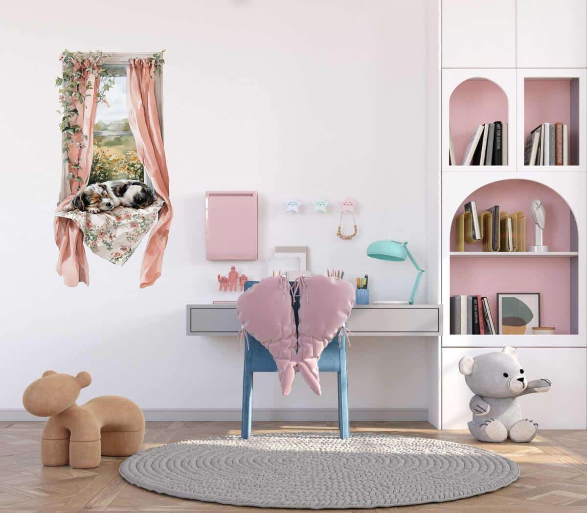 Różowa Naklejka dziecięca- Piesek w oknie | Sielski klimat do pokoju dziewczynki, żłobka, przedszkola T82171 - zdjęcie 2