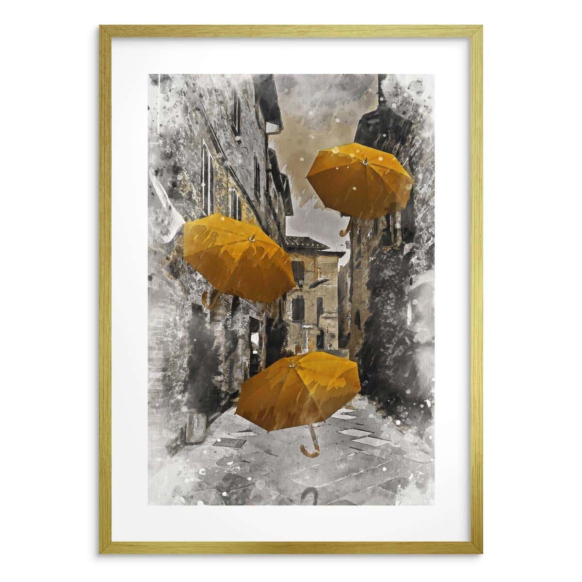 Elegancki, Plakat z Miejskim Pejzażem i Żółtymi Parasolami | Klimatyczna Uliczka w Akwareli 82311 - zdjęcie 6