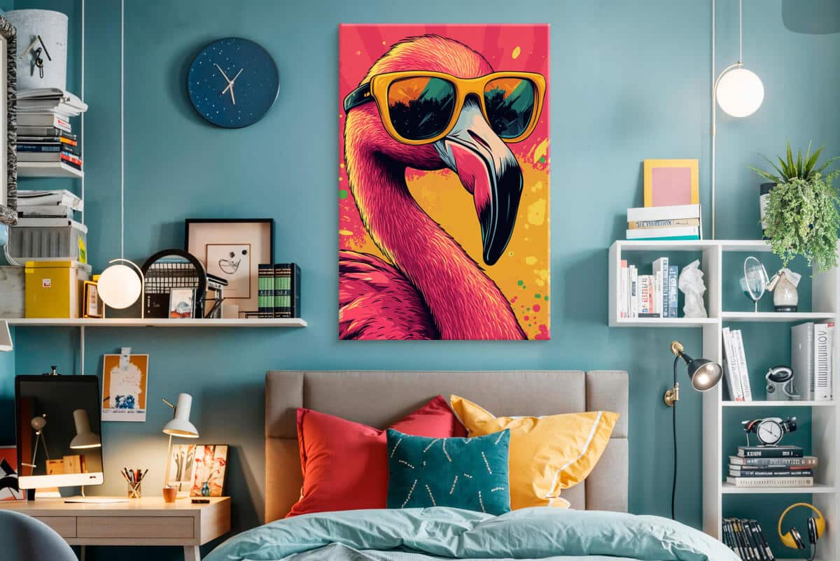 Obraz na płótnie Flaming w okularach | Kolorowa dekoracja ścienna | Tropikalny styl pop art do salonu, biura i pokoju młodzieżowego O94120 - zdjęcie 4