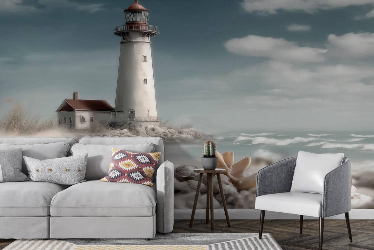Marynistyczna fototapeta- Latarnia, muszle, plaża | Pejzaż morski do salonu i sypialni 82104 - zdjęcie 3