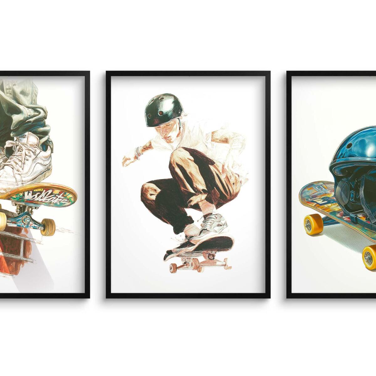 Młodzieżowe Plakaty Street Style- skateboarding | Akwarelowy Tryptyk na ścianę z motywem deskorolki 82198 - zdjęcie 7