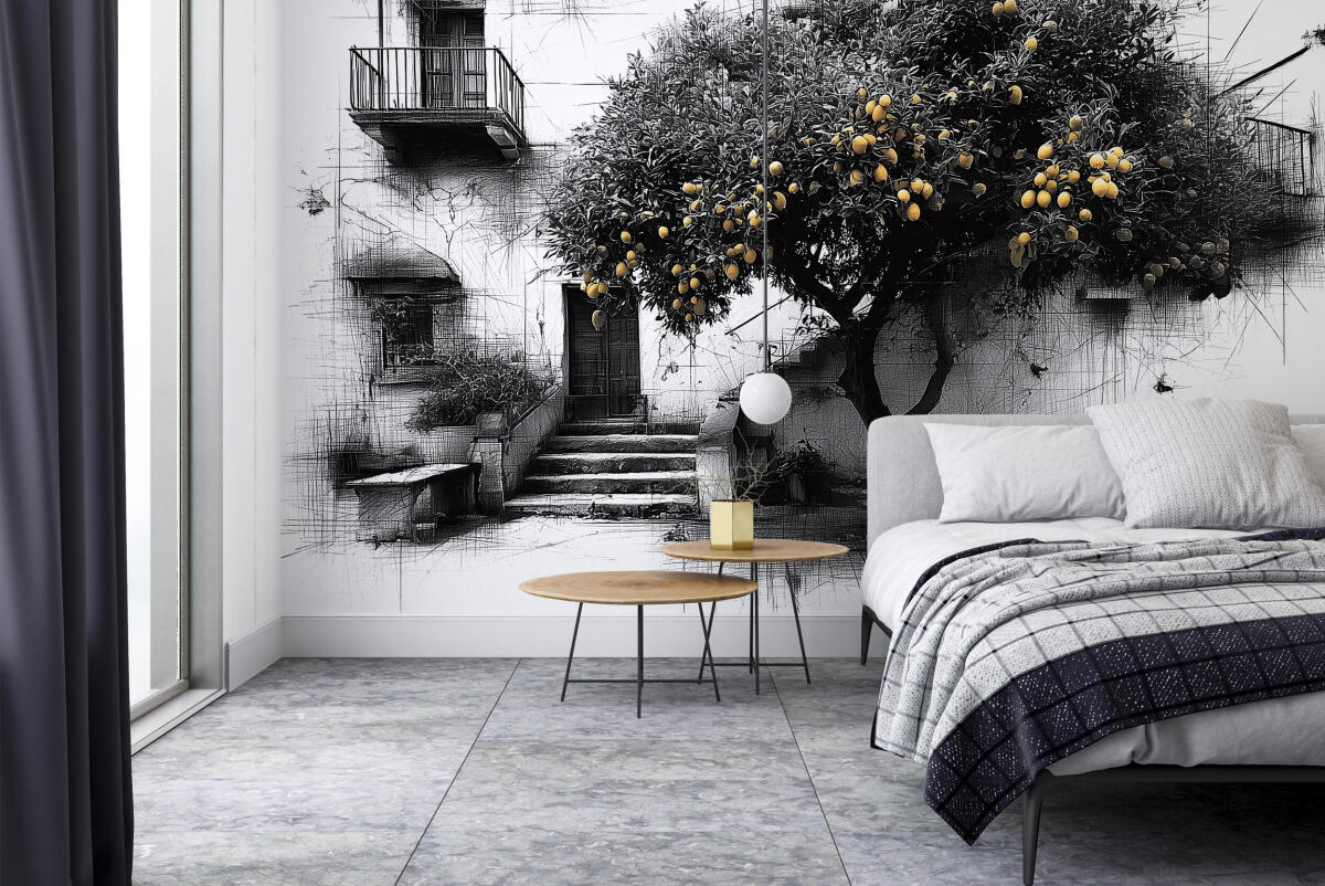 Czarno-biała- Fototapeta Drzewo Cytrynowe | Artystyczny szkic z żółtym akcentem w stylu włoskim 82214 - zdjęcie 2
