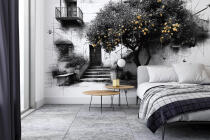 Czarno-biała- Fototapeta Drzewo Cytrynowe | Artystyczny szkic z żółtym akcentem w stylu włoskim 82214 - miniaturka 2