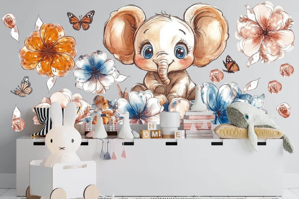 Słonik wśród kwiatów i motyli– Naklejka ścienna dla dzieci | Pastelowa dekoracja do pokoju dziewczynki T42169 - zdjęcie 2