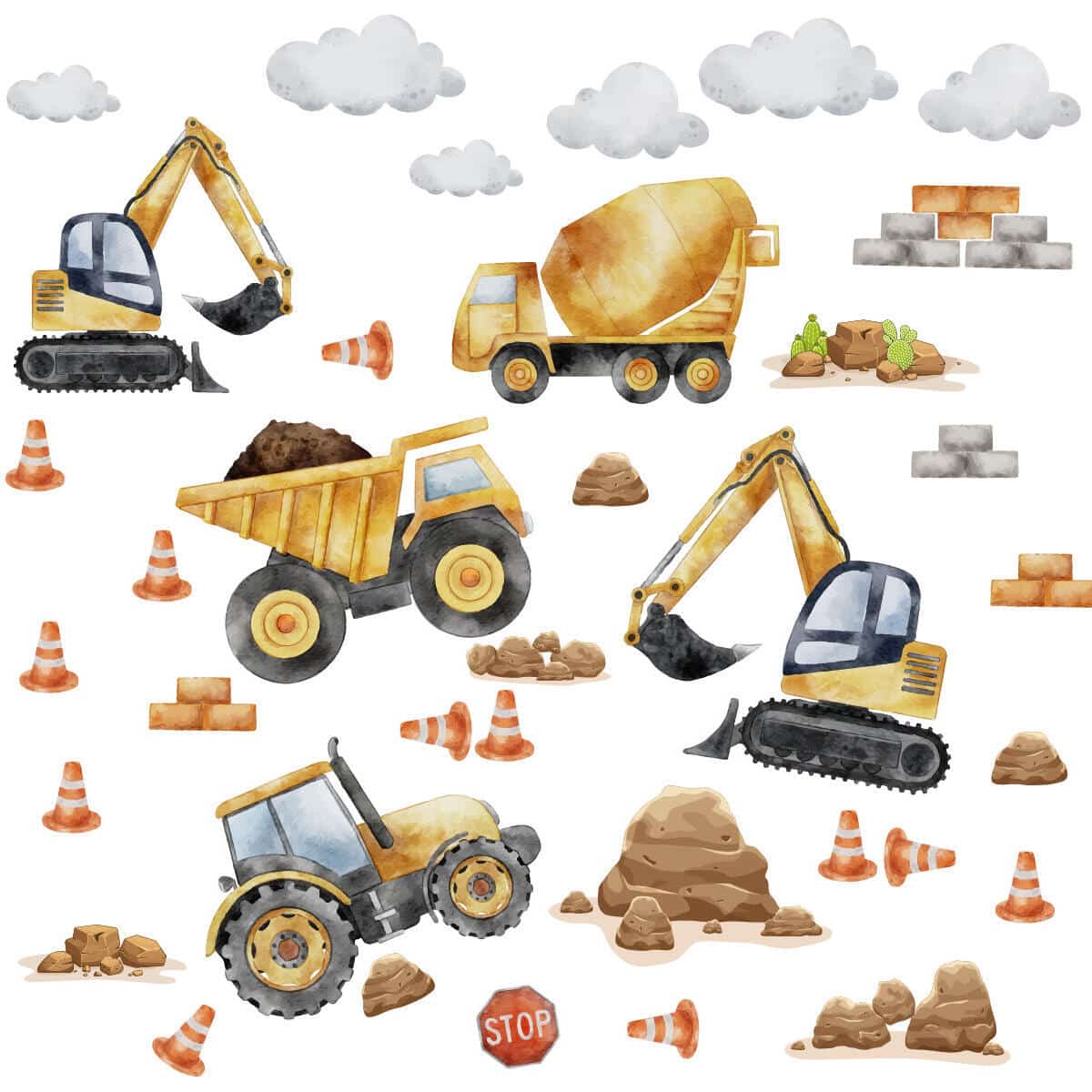 Naklejki na ścianę- Plac Budowy | Koparki, Betoniaka, Traktor | Maszyny budowlane i ciężarówki do pokoju chłopca, przedszkolaka T42171 - zdjęcie 3