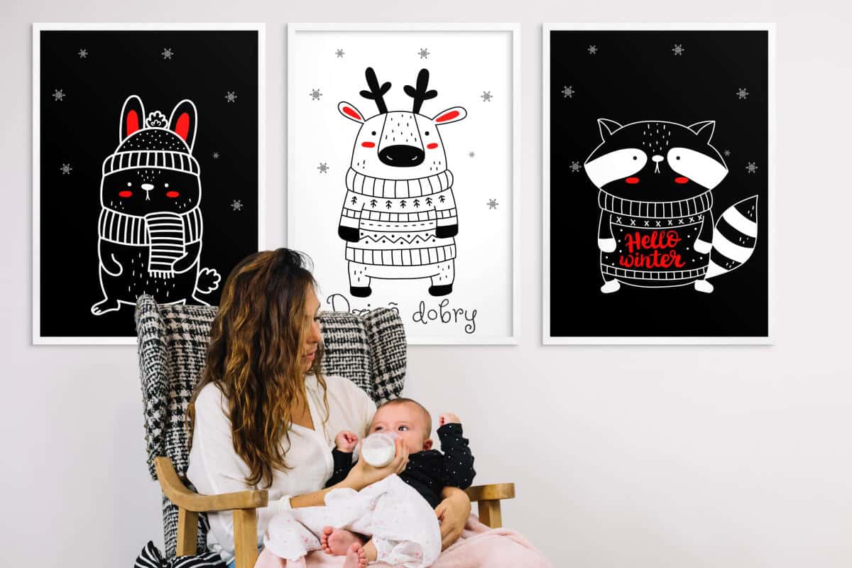 Zestaw Czarno-Białych Plakatów dla Niemowląt – Króliczek, Renifer i Szop | Kontrastowe Obrazki Montessori 82159 - zdjęcie 2