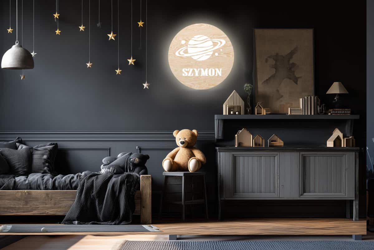 Dziecięca Lampka Nocna z imieniem | Drewniana Lampka LED na ścianę - Kosmos, Planeta 82269 - zdjęcie 2