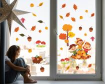 Jesienne Naklejki na Szybę – Liście, Jeż i Dzieci | Kolorowe Dekoracje na okno do Przedszkola, żłobka i Pokoju Dziecka 68023 - miniaturka 1
