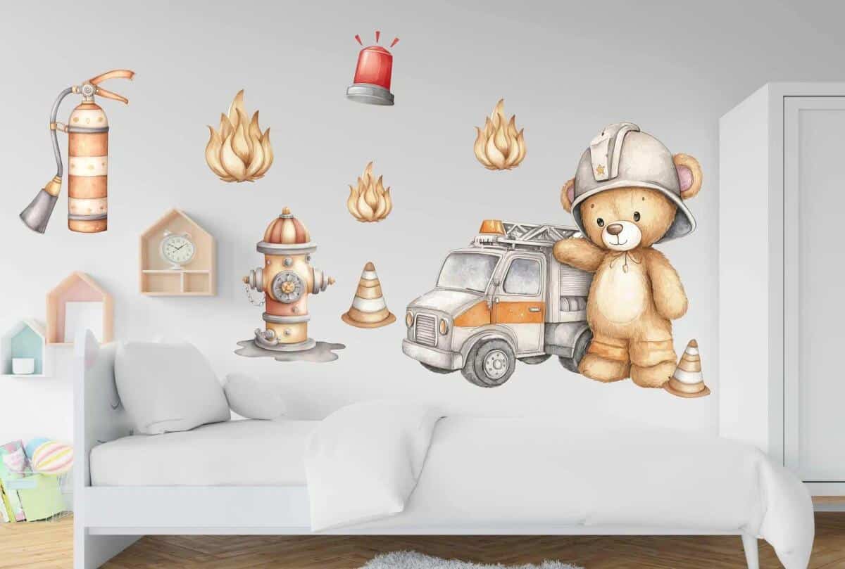 Naklejki dla dzieci Straż Pożarna – Miś Strażak i Wóz Strażacki | Dekoracja do Pokoju chłopca T82205 - zdjęcie 2