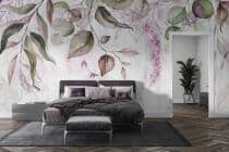 Fototapeta w odcieniach zieleni i różu- Wiszące kwiaty i liście | Romantyczna dekoracja do sypialni 82250 - miniaturka 1