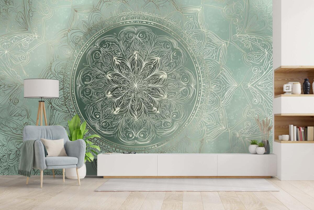Relaksacyjna Fototapeta z Mandalą w Odcieniach Zieleni i Turkusu | Orientalny, Geometryczny wzór 82148 - zdjęcie 2