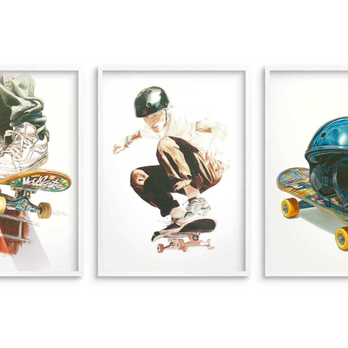 Młodzieżowe Plakaty Street Style- skateboarding | Akwarelowy Tryptyk na ścianę z motywem deskorolki 82198 - zdjęcie 5