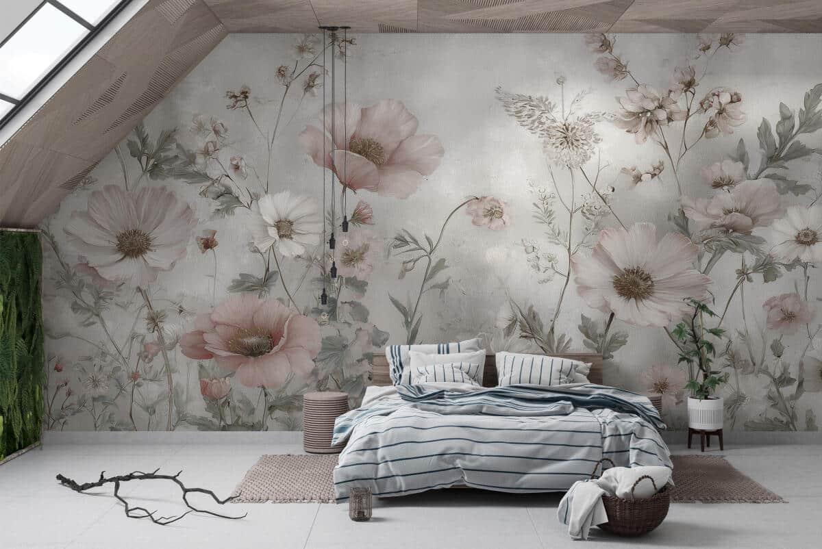 Subtelna Fototapeta- Pastelowa Łąka, Kwiaty | Beżowa Tapeta do sypialni w stylu boho, shabby chic 82314 - zdjęcie 2