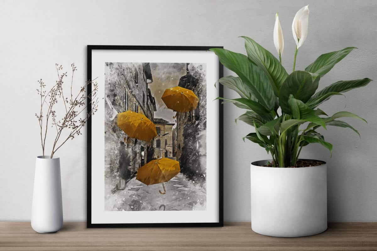 Elegancki, Plakat z Miejskim Pejzażem i Żółtymi Parasolami | Klimatyczna Uliczka w Akwareli 82311 - zdjęcie 2