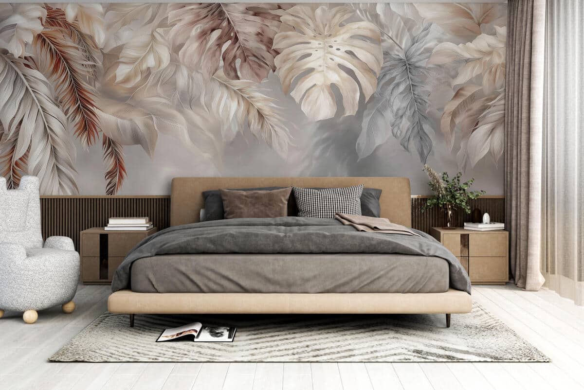 Elegancka fototapeta liście monstery | Neutralna dekoracja w odcieniach beżu i szarości | Fototapeta boho 82244 - zdjęcie 2