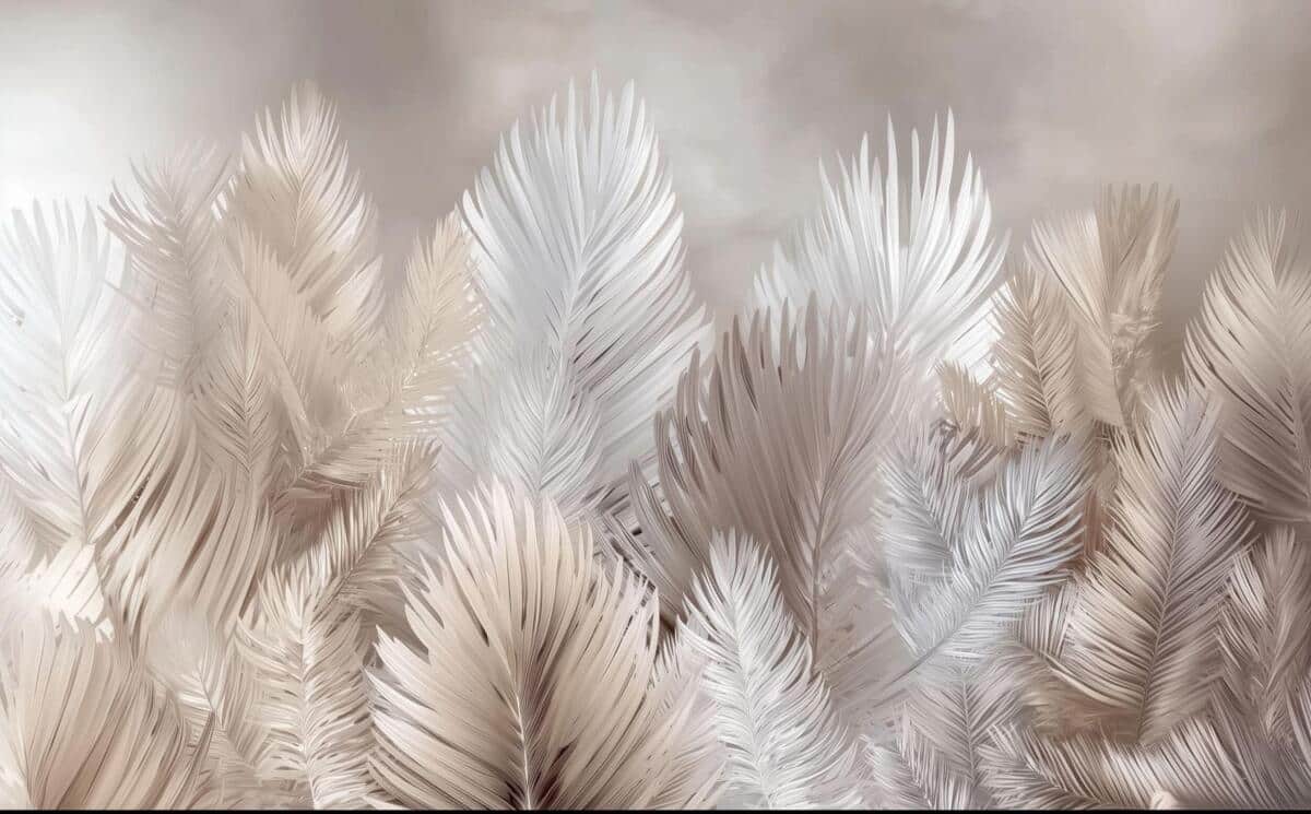 Fototapeta Roślinna w Odcieniach Beżu- Subtelne Liście | Kremowa Tapeta do sypialni 82247 - zdjęcie 4