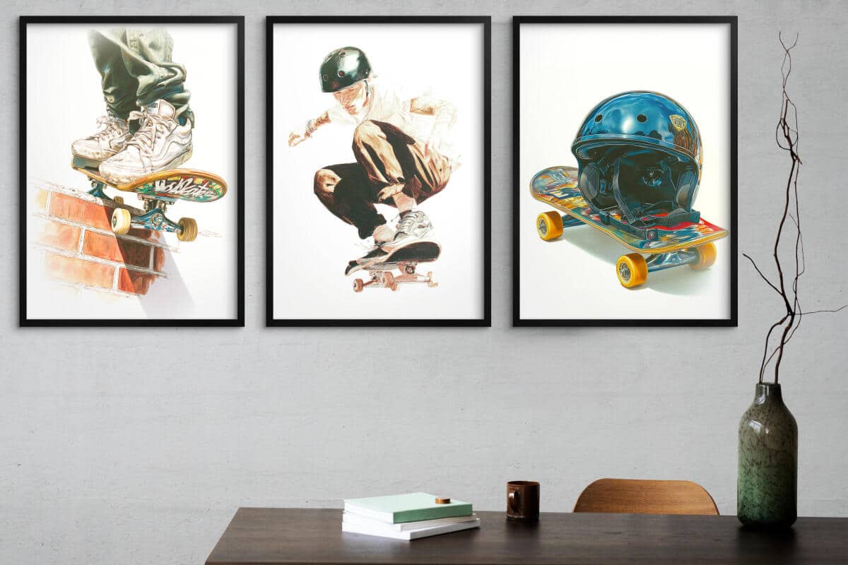 Młodzieżowe Plakaty Street Style- skateboarding | Akwarelowy Tryptyk na ścianę z motywem deskorolki 82198 - zdjęcie 2