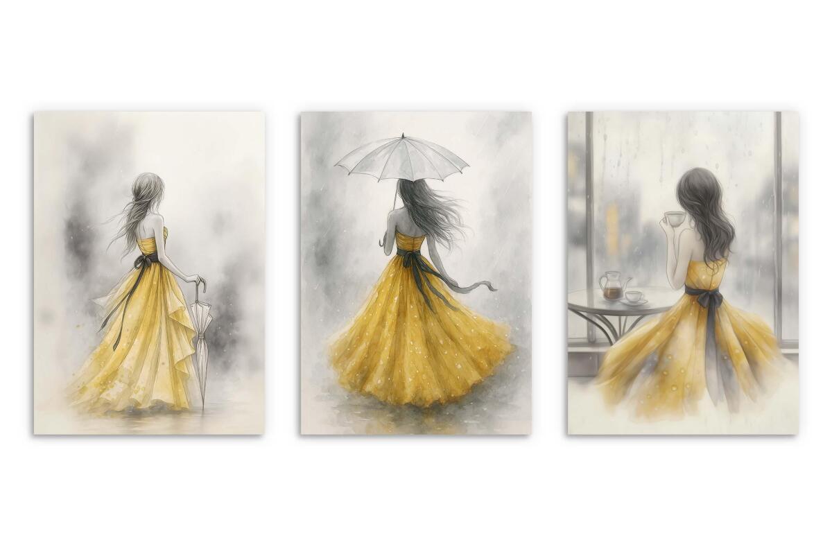 Subtelne Plakaty z kobietą w złotej sukni | Elegancki Tryptyk Akwarela | Obrazy na ścianę do salonu, sypialni 94025 - zdjęcie 8