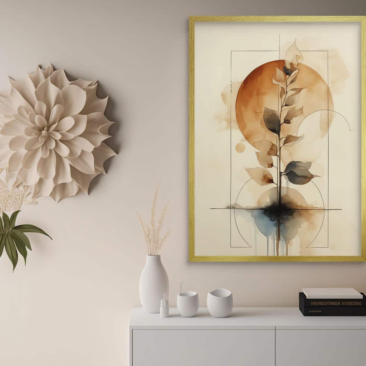 Subtelny Plakat Zen- akwarela i geometria | Minimalistyczny Obraz botaniczny w odcieniach brązu i beżu 82204 - zdjęcie 2