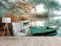 Nastrojowa Fototapeta do Sypialni- Łódki na jeziorze | Spokojny Krajobraz do wnętrz rustykalnych, boho 82108 - miniaturka 1