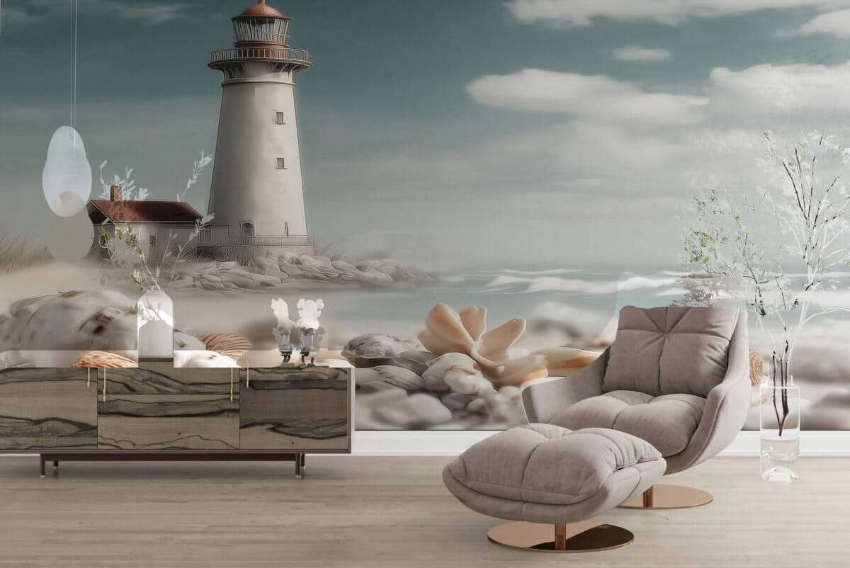 Marynistyczna fototapeta- Latarnia, muszle, plaża | Pejzaż morski do salonu i sypialni 82104 - zdjęcie 2