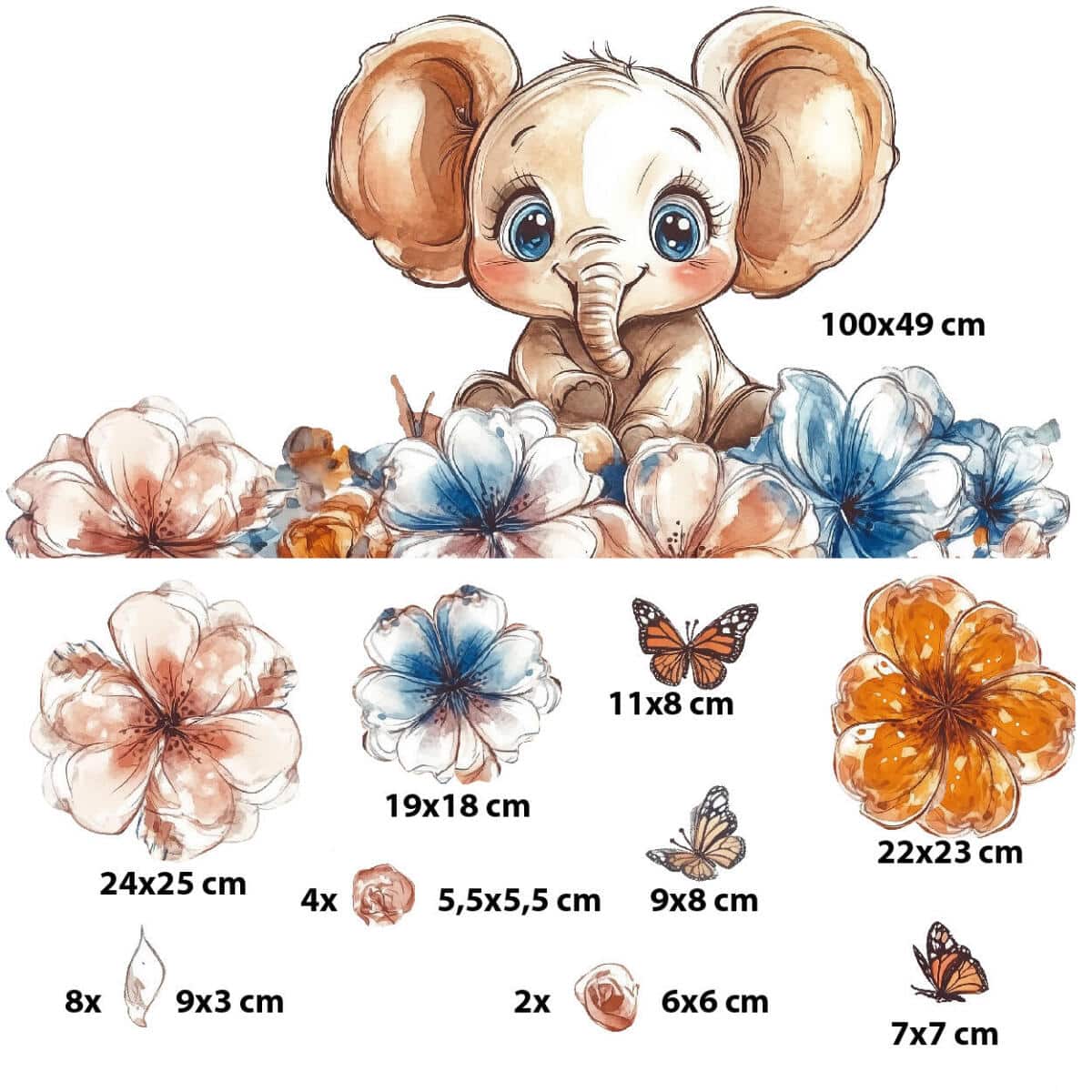 Słonik wśród kwiatów i motyli– Naklejka ścienna dla dzieci | Pastelowa dekoracja do pokoju dziewczynki T42169 - zdjęcie 4