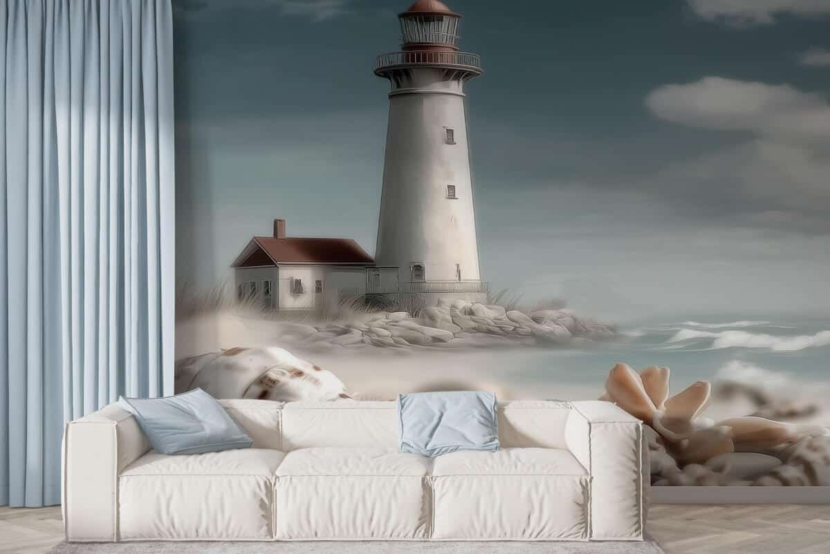 Marynistyczna fototapeta- Latarnia, muszle, plaża | Pejzaż morski do salonu i sypialni 82104
