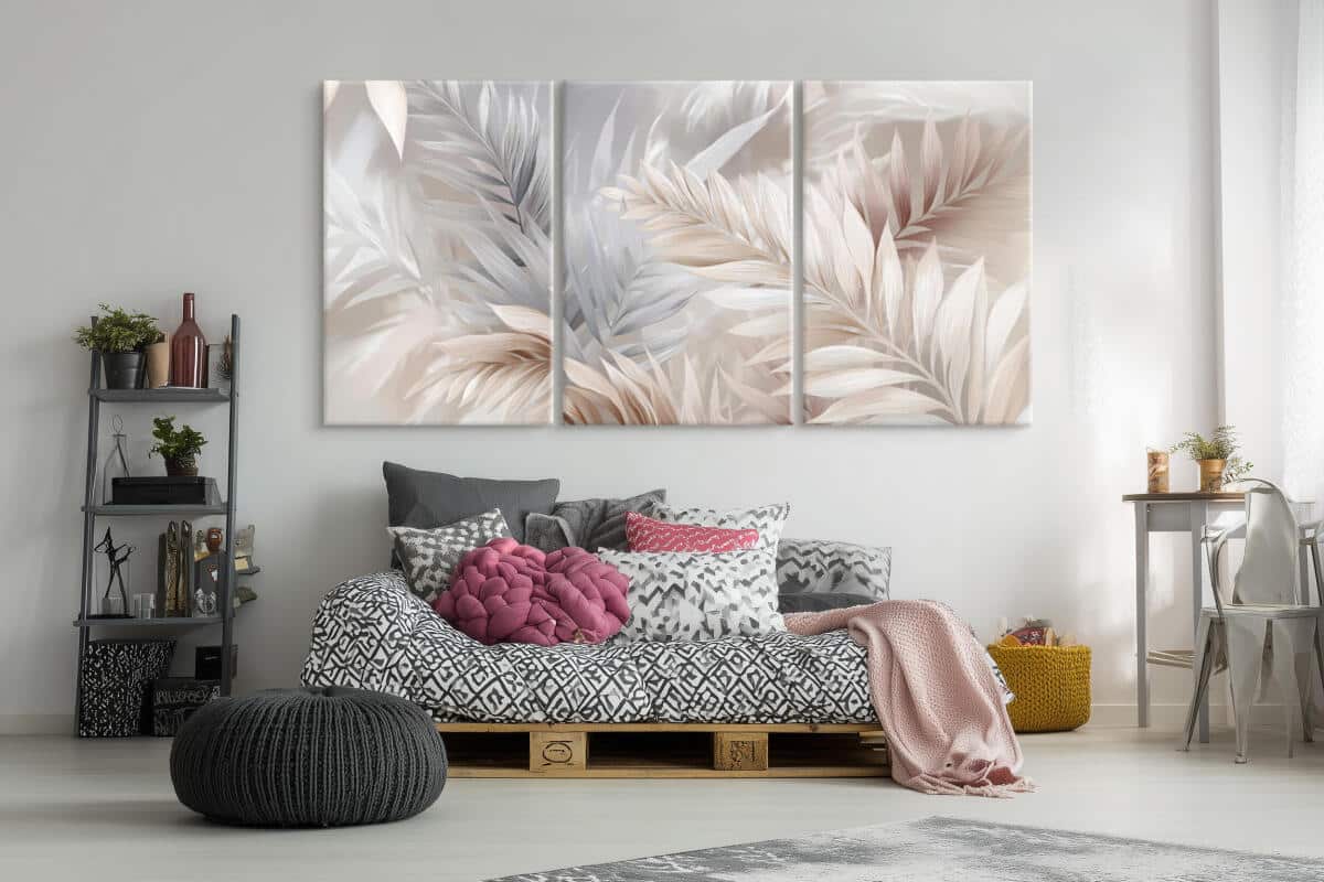 Obrazy na Płótnie – Liście w beżu | Minimalistyczny Tryptyk w Stylu Skandynawskim, boho 82259 - zdjęcie 5